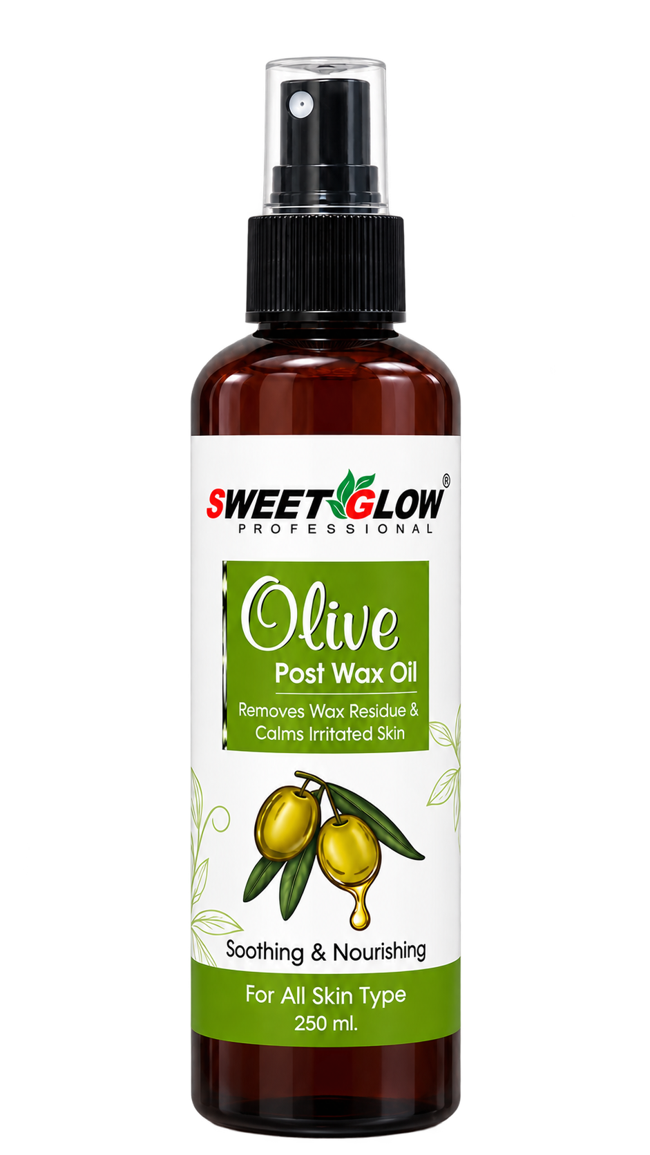 Sweet Glow Olive Post Wax Oil 250 ml removes wax residue and helps soothe and nourish freshly waxed skin.